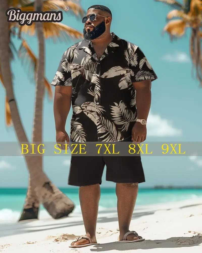 

Biggmans Shirt Plus Size Set L-9Xl for Summer Beach Clothing Oversize Hawaii Suit Men's Tropical Leaf Print Large 7XL 8XL