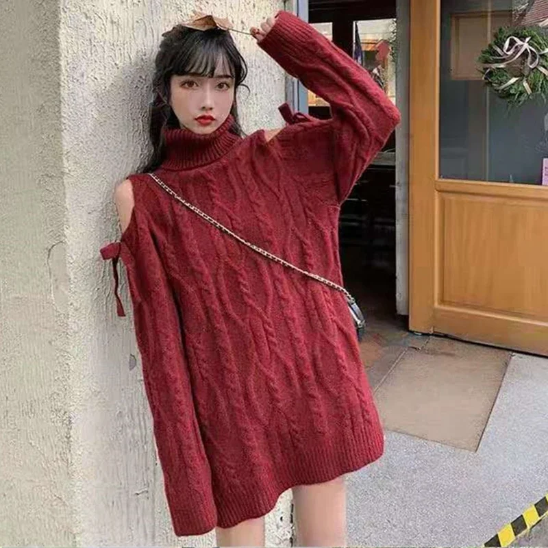 GIDYQ Christmas Off Shoulder Turtleneck Sweater Women Fashion Twist Long Sleeve Jumper Wine Red New Year Loose Knitwear Winter