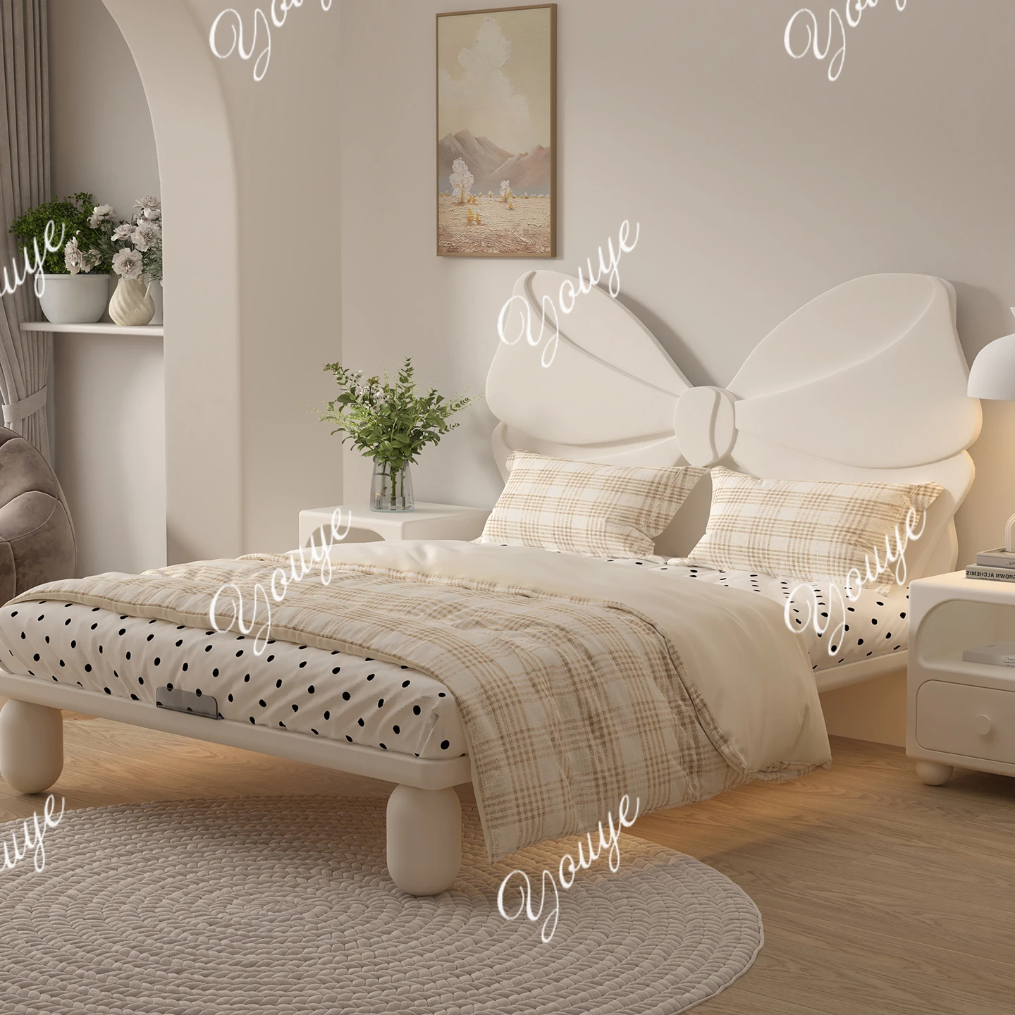 

Cream wind children's bed Solid wood girl bedroom Princess bed Girls single bed Children's Bow Suspension