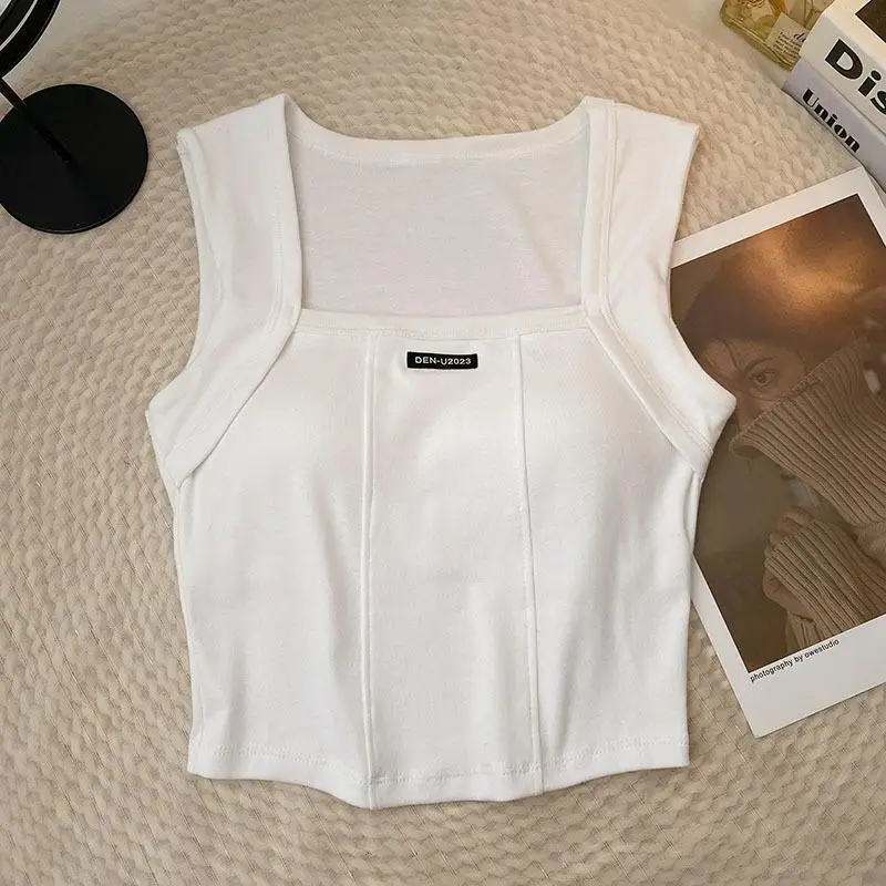 women Short tank tops slim fit chest pad beautiful back in summer versatile solid color square neck bottom top small tank top