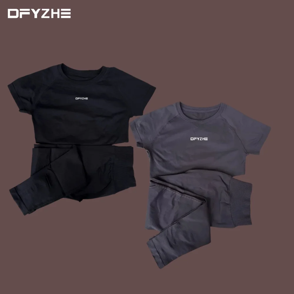

Four season DFYZHE round neck T-shirt+pants sports suit yoga leggings fitness boxing running short sleeved 2026 new item