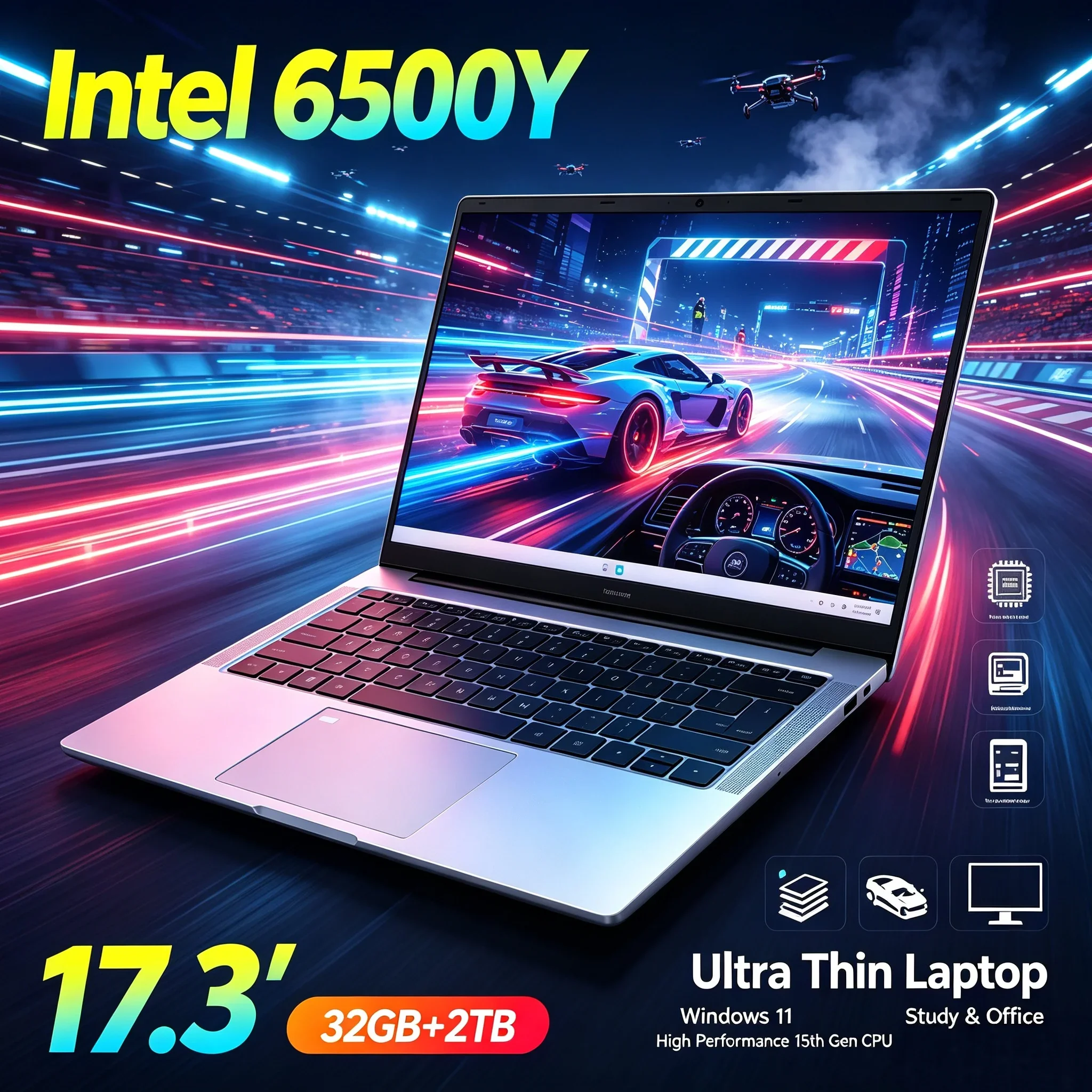 17.3'' HD Large Screen Laptop Intel 6500Y 32GB RAM Optional 1TB/2TB SSD Windows 11 WiFi6 BT5.2 Portable Notebook For Home Office