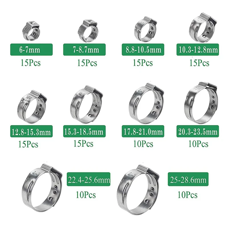 131 PCS Single Ear Hose Clamps Stainless Steel PEX Clamps Stepless Clamps For Pipe Fittings, Compression Ring Clamps