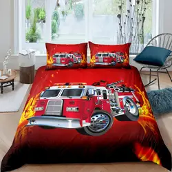 Firefighter Truck Duvet Cover King/Queen Size Red Firemen Car Bedding Set For Kids Boys Girls Fire Engine Polyester Quilt Cover