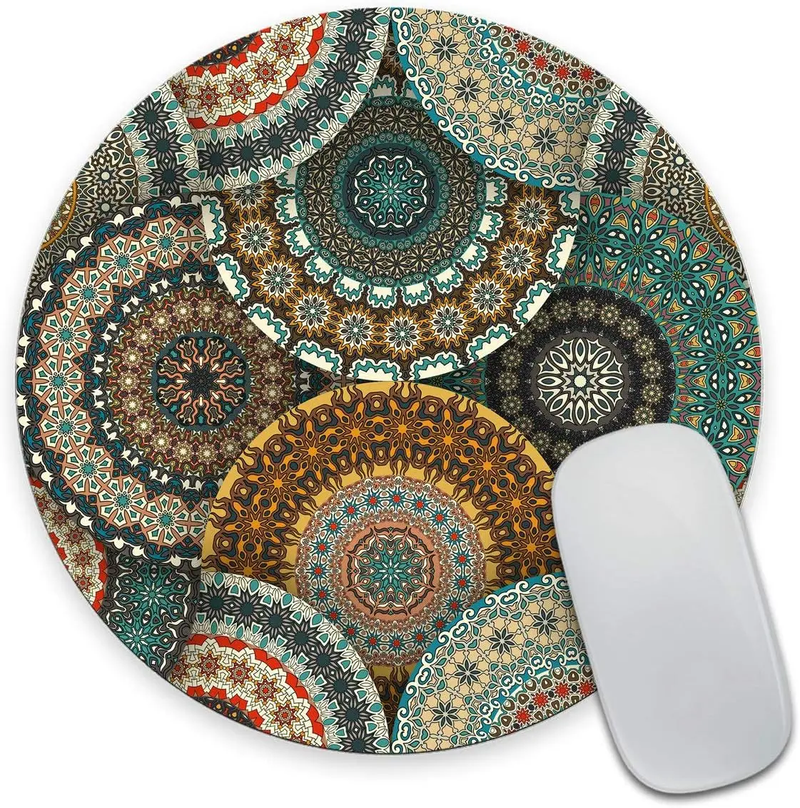 Smooffly Round desk  Pad Custom,Colorful Vintage Pattern with Floral and Mandala Elements Circular Mouse Pads for Computers