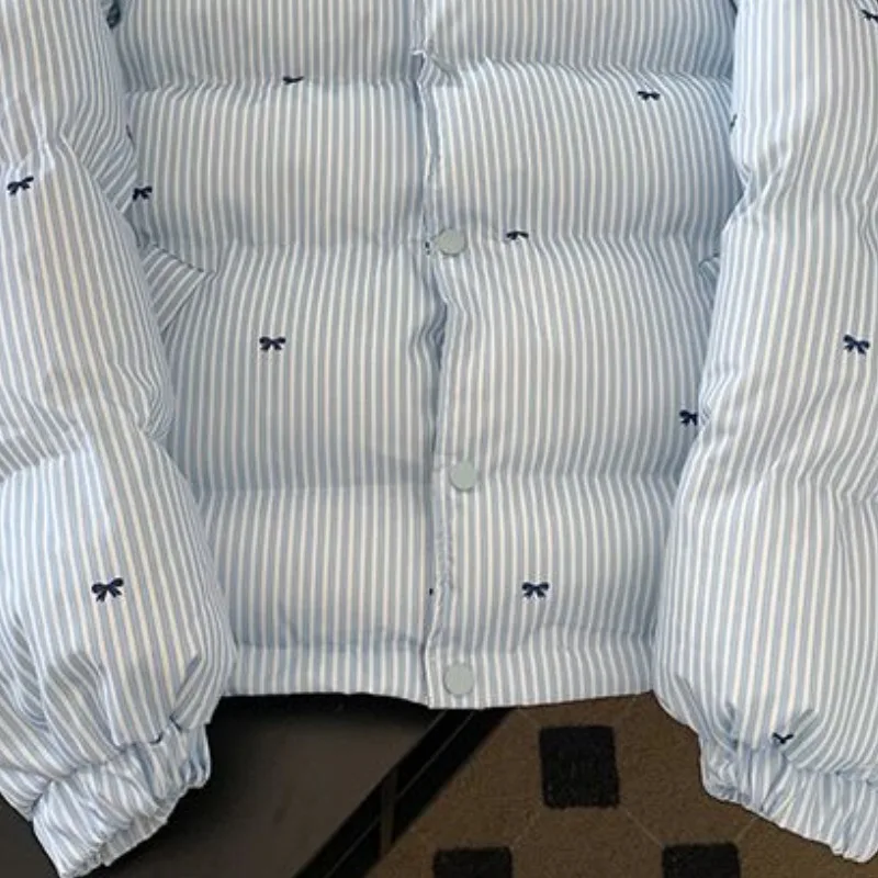 Women's Winter Tops Jacket Cotton Coat Striped Bow Thickened Warm Vintage Simple Comfortable Leisure Fashion New Niche Versatile