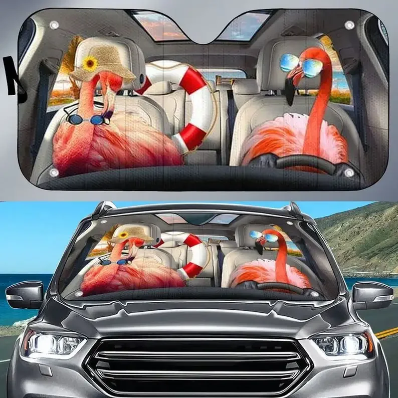 Funny Flamingos Couple Sunglasses Car Sunshade Summer Beach Holiday Windshield Sunshade Oxford Cloth Car Windshield Car Sunshade