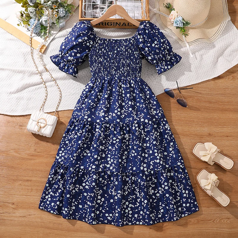 Navy Blue Ditsy Princess Dress Tween Girls Dress Summer Square Collar Shirred Chest A-line Dress Party Baptism Vacation Dress