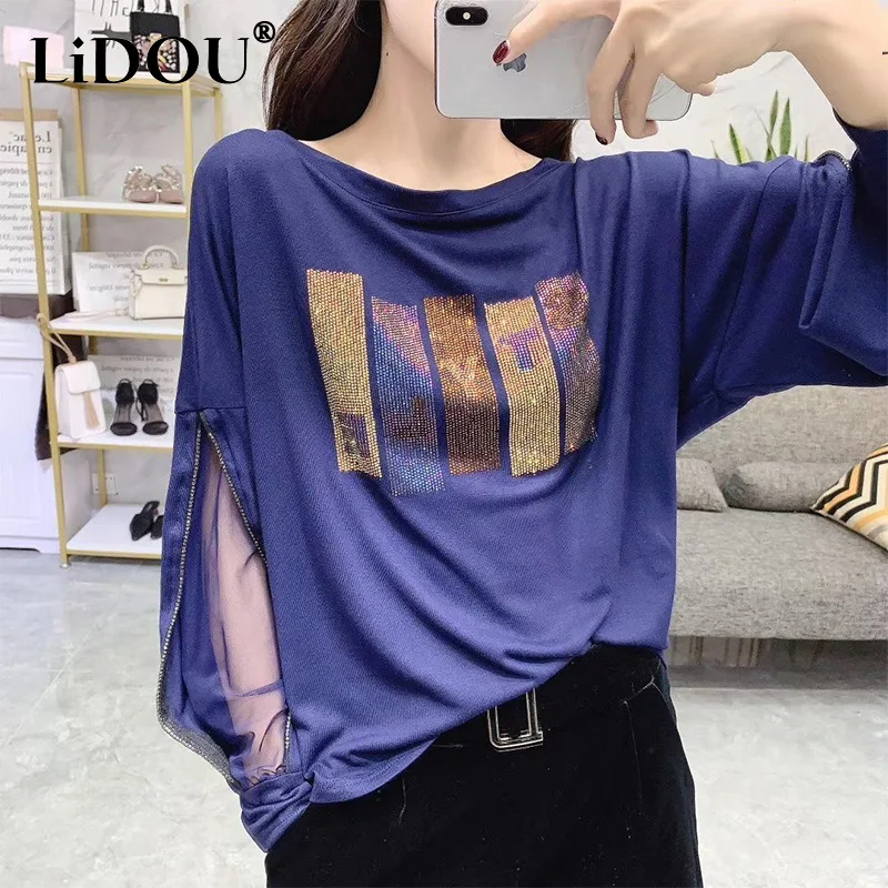 

Spring Autumn Casual Fashion Diamonds Oversized Hollow Out Tee Top Women Streetwear Batwing Sleeve Popularity Pullover T-shirt