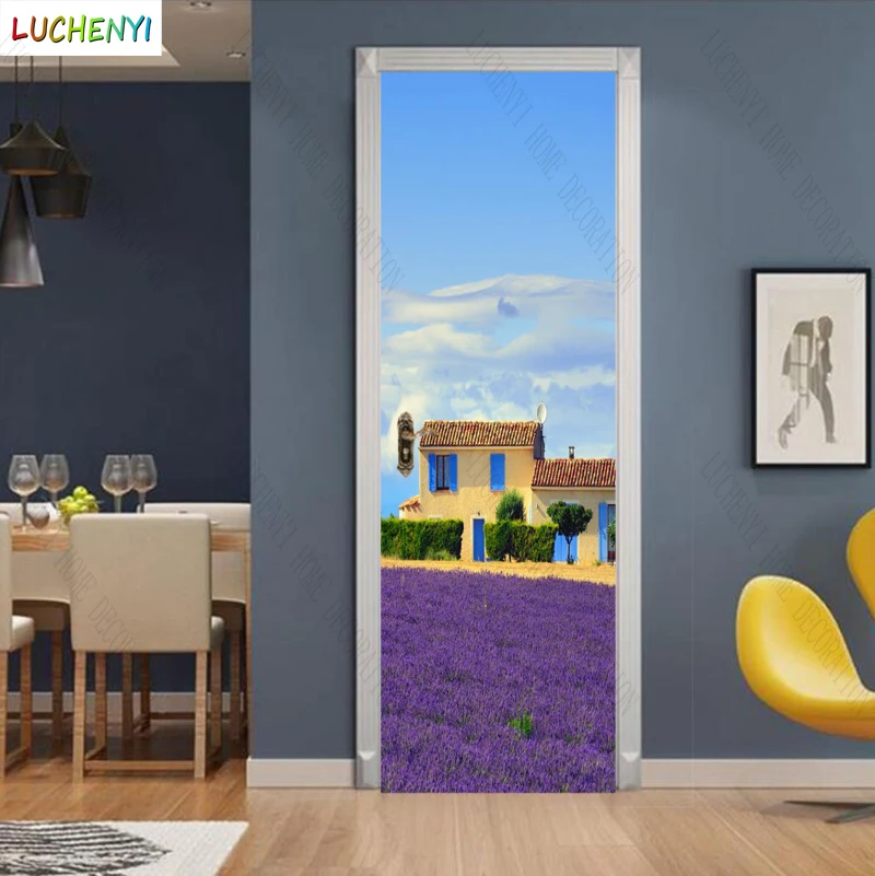 Papel de parede house bush purple flower garden sunshine landscape door sticker bedroom door wallpaper mural , home decoration