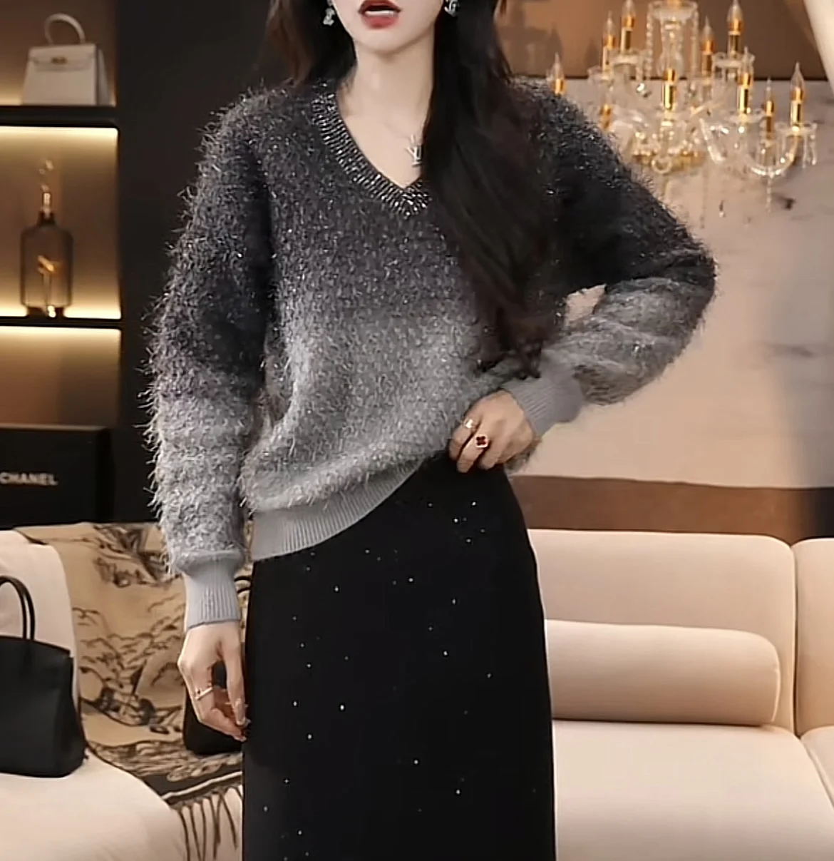 Mink Cashmere Sweater Women Knitted Pullover Jumper Long SleeveBeading Pretty Autumn Winter Loose V-Neck Soft Tops C190