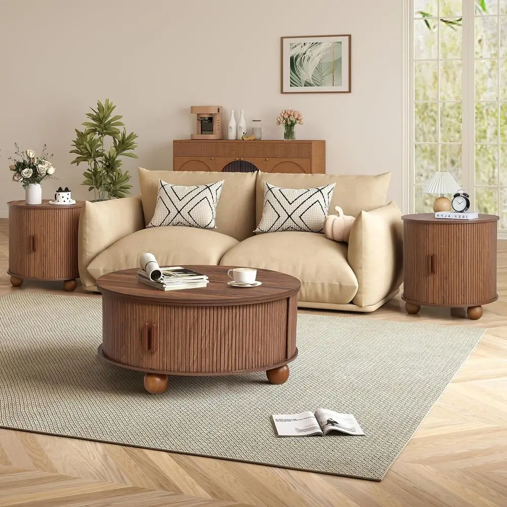 

Walnut 33.5 Round Illuminated Coffee Table and 24 Side Table Set