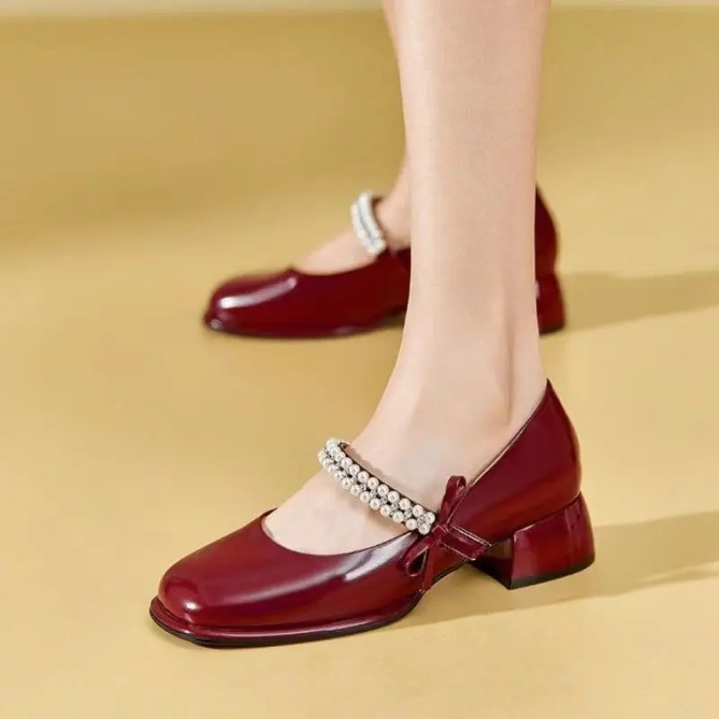 

Retro Leather Shoes Women Early Spring Bow Beaded Chunky Heel Shoes French Mary Jane Square Toe Women's Shoes French High Heels