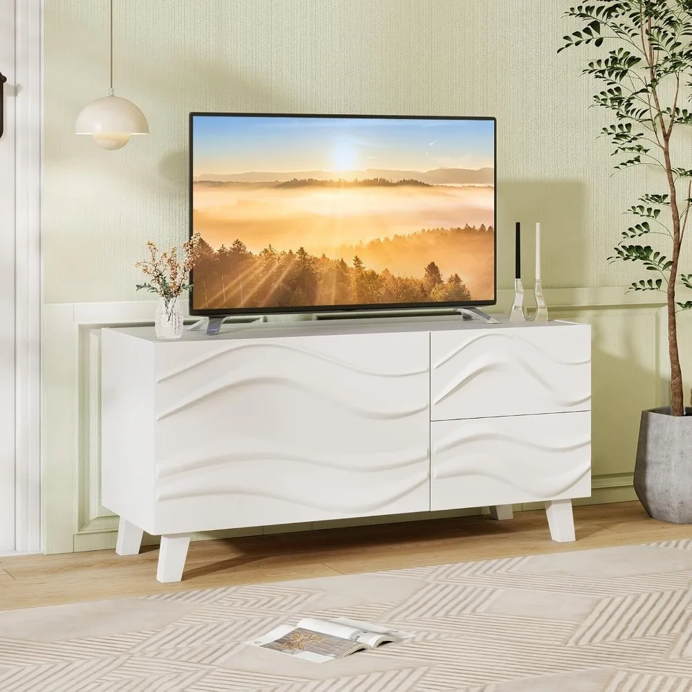 

Small TV Stand for TVs up to 44, White Sideboard Buffet Cabinet w/Storage & Drawers, Modern TV Console Table w/Wavy