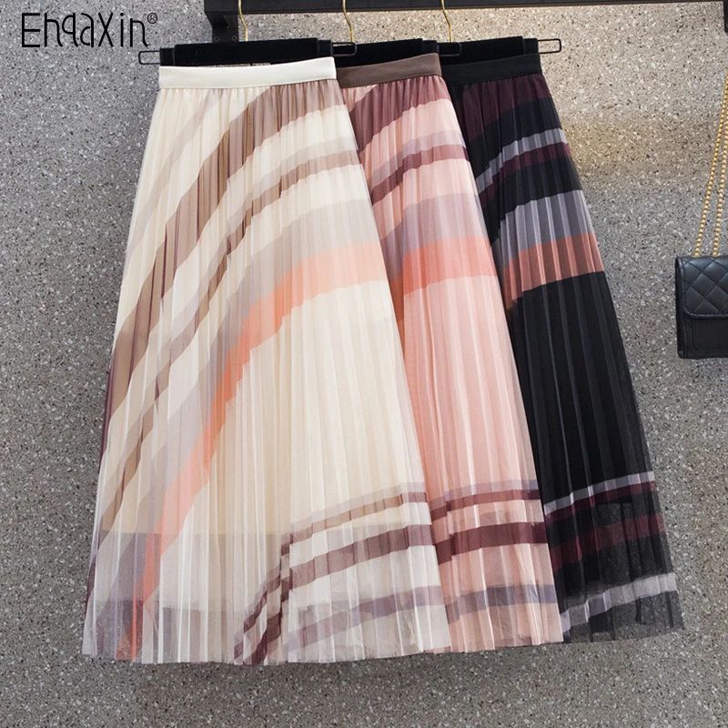 

EHQAXIN Spring Summer New Womens Skirts 2022 Loose Sweet Colorblock Pleated Mid-Length Mesh Elegant Fairy Skirt For Ladies M-4XL