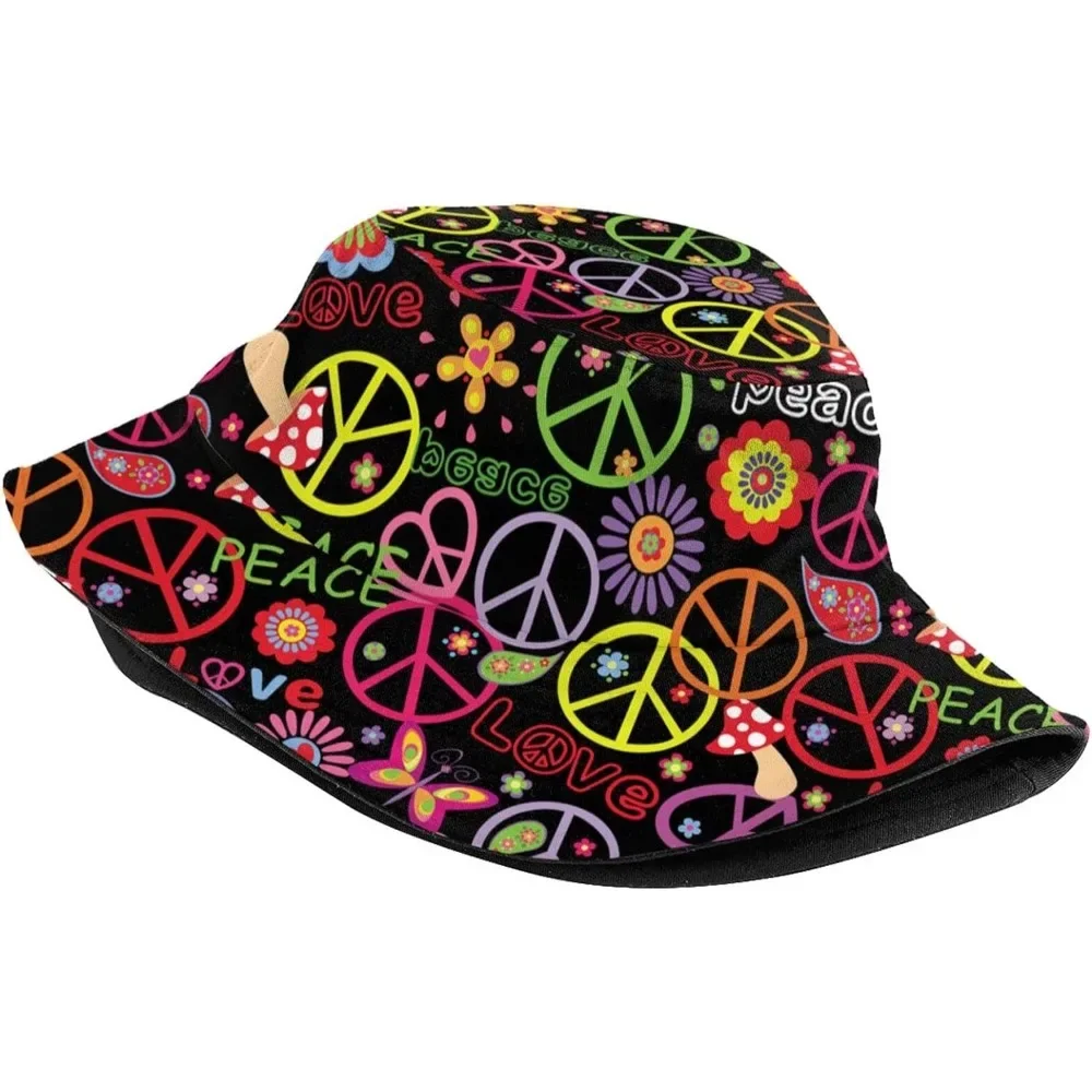 Hippie Peace Sign Fisherman Cap Summer Unisex 60s 70s Hip Hop Printing Bucket Hat Outdoor Gardening Beach Hiking Fishing Caps