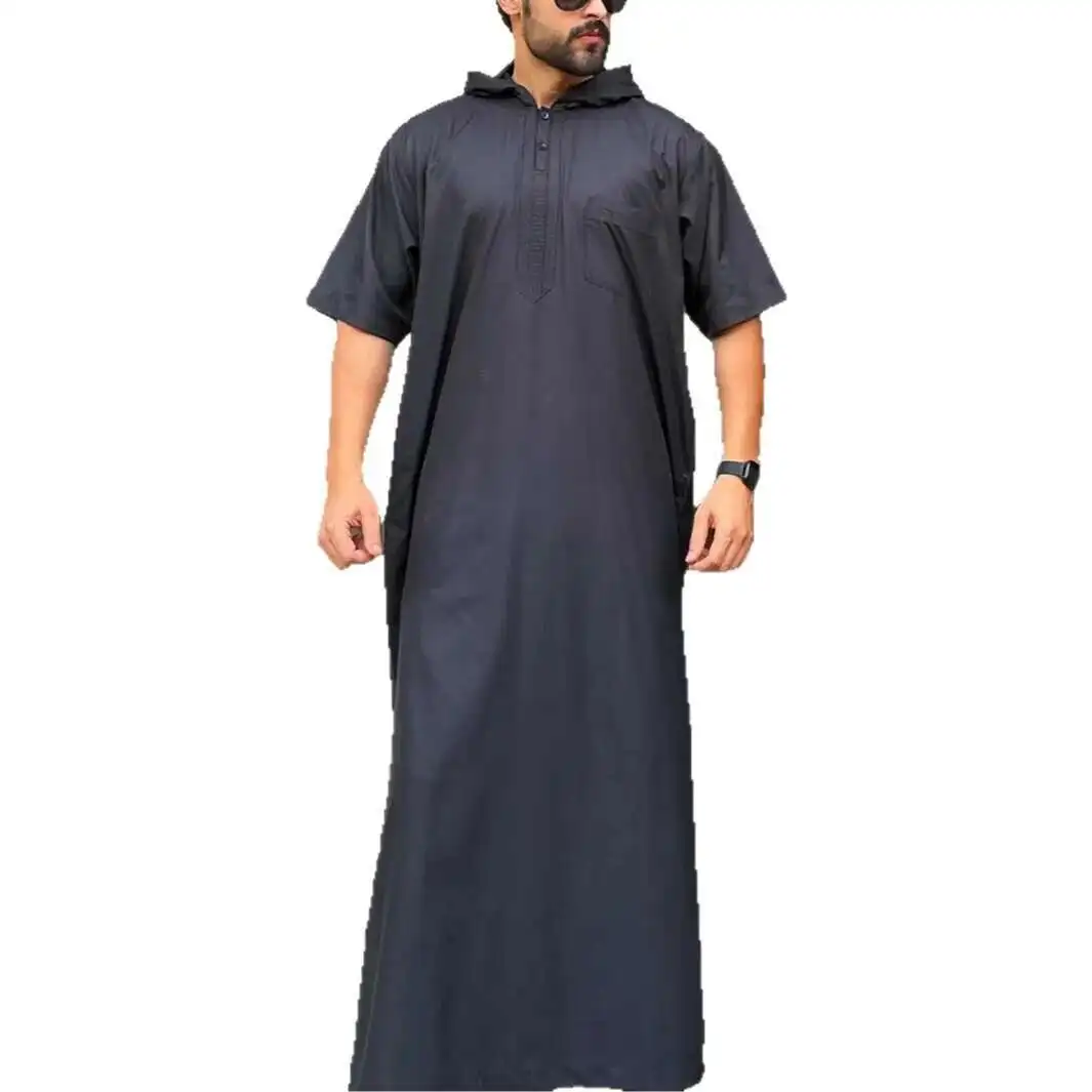 Baru 2025 Gaya Arab Sederhana Panjang Pria Berkerudung Kemeja Jubah Longgar Lengan Pendek Jubah Abaya Ramadhan Dubai Mewah Islam Elegan