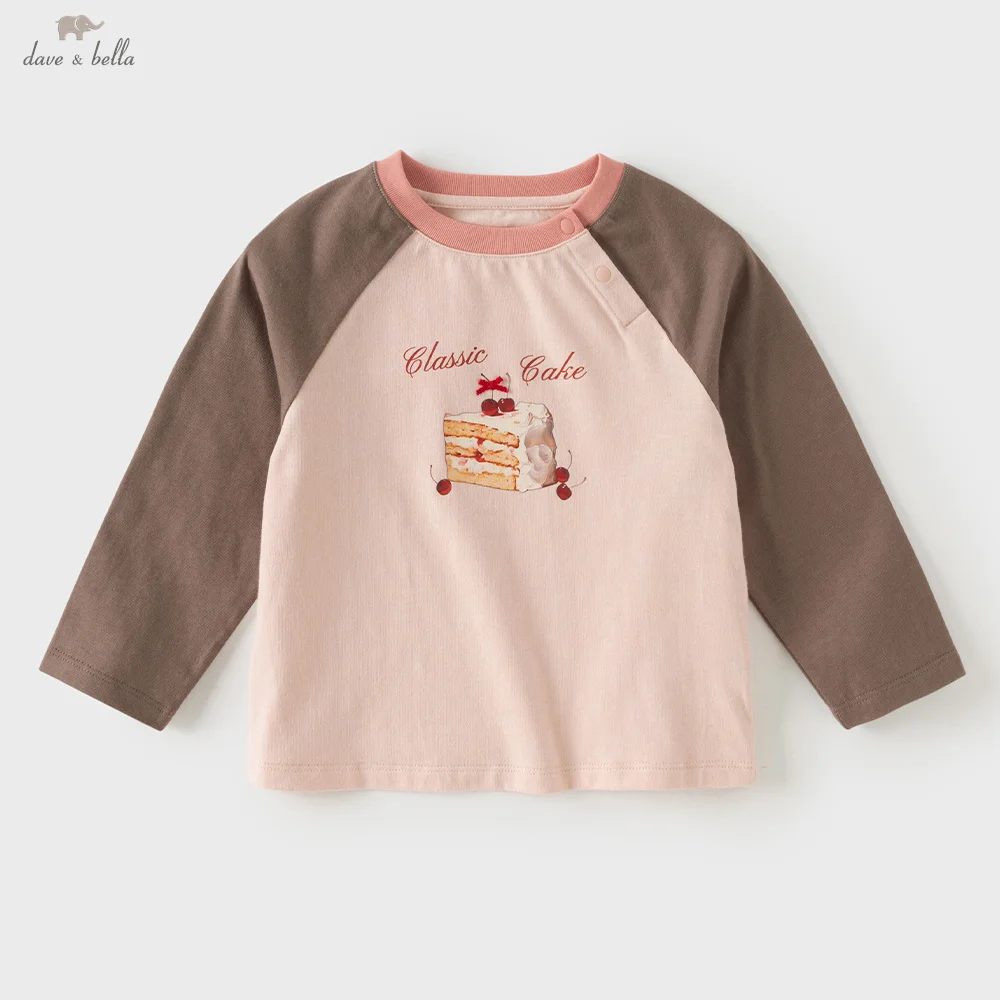 Dave Bella Printed T-shirt for Children Girls Pullover Top Pure Cotton Spring Autumn Long Sleeve Bottom Casual Fashion DB3263020