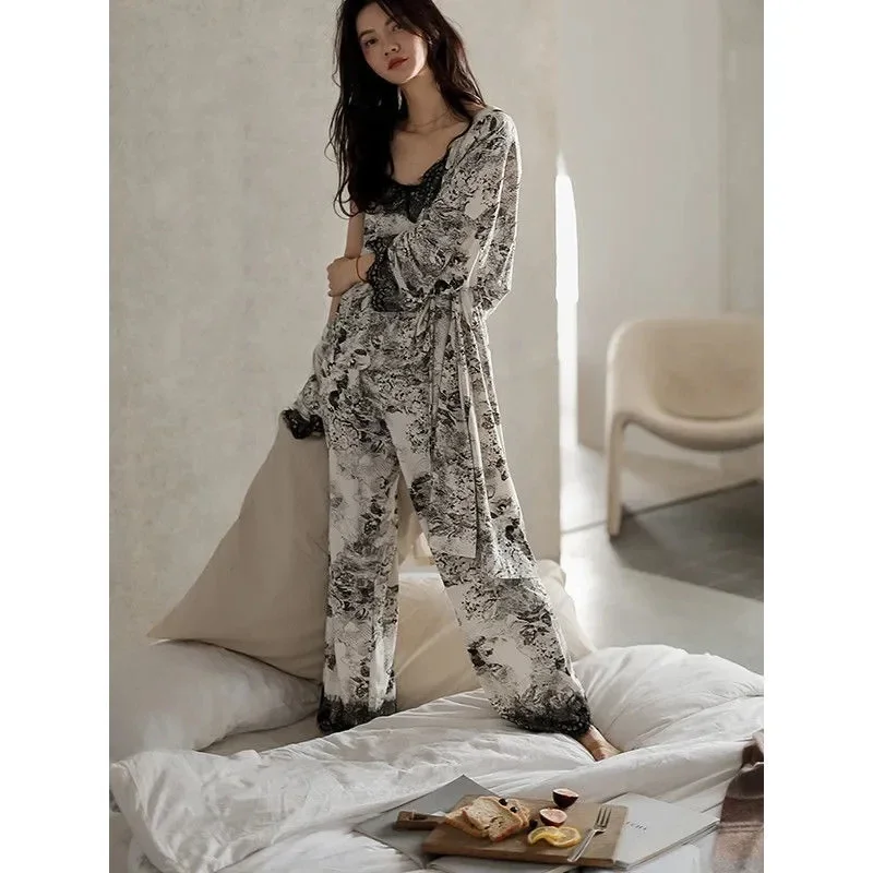 

7011-1Pajamas female spring and autumn sexy V-neck modal home service retro style female nightgown three-piece suit