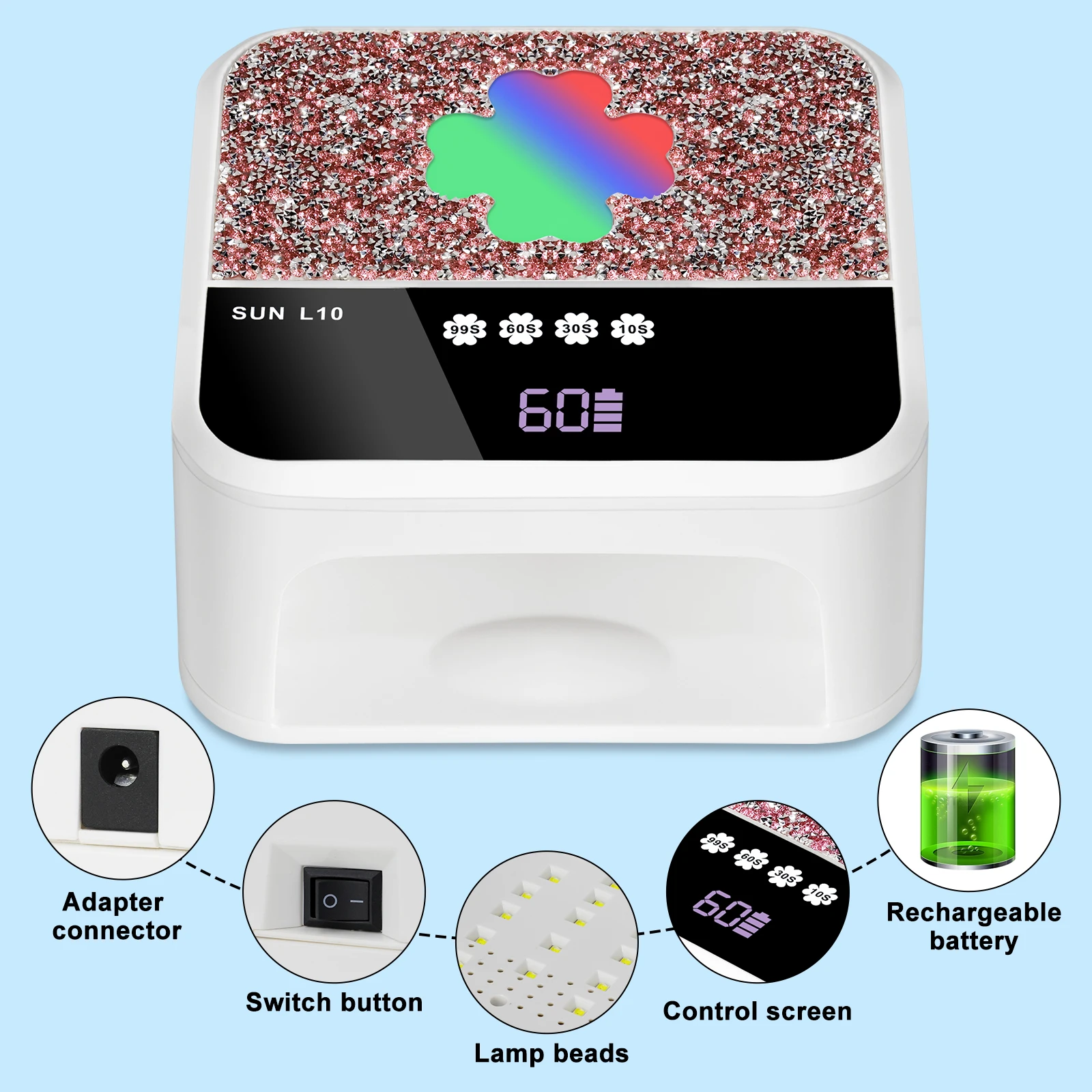 โคมไฟเล็บ LED UV มืออาชีพแบบชาร์จไฟเล็บเจลพร้อมโหมดจับเวลา 4 โหมดและเซ็นเซอร์อัตโนมัติโคมไฟขัดเจลเล็บ