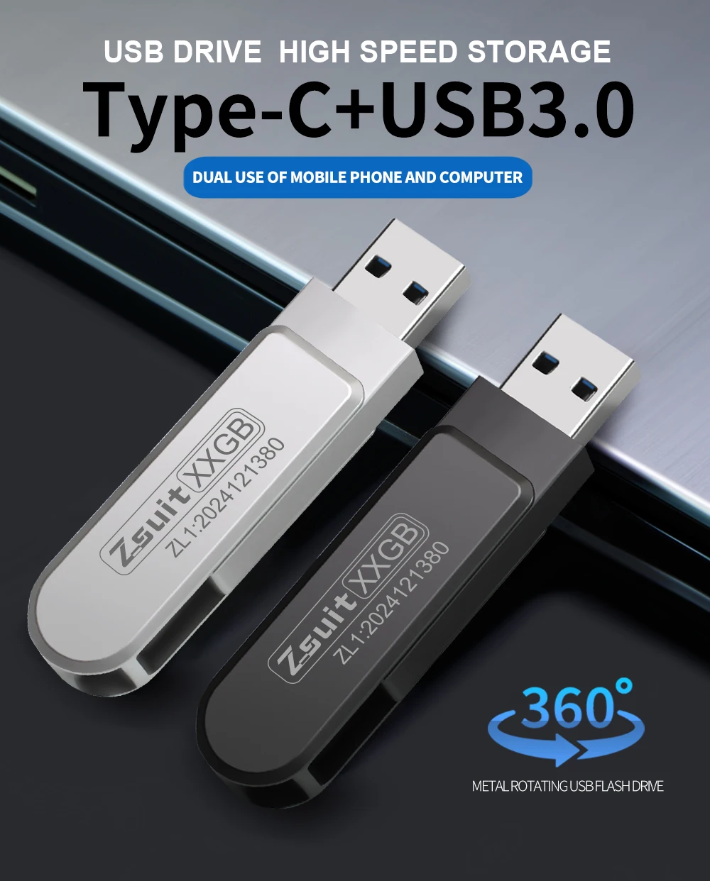 Zsuit USB Flash Drives Rotate USB-C Pendrive 64GB 128GB USB3.0 Type-C Pen Drives 2in 1 U Disk for iPhone Laptops Memory Stick