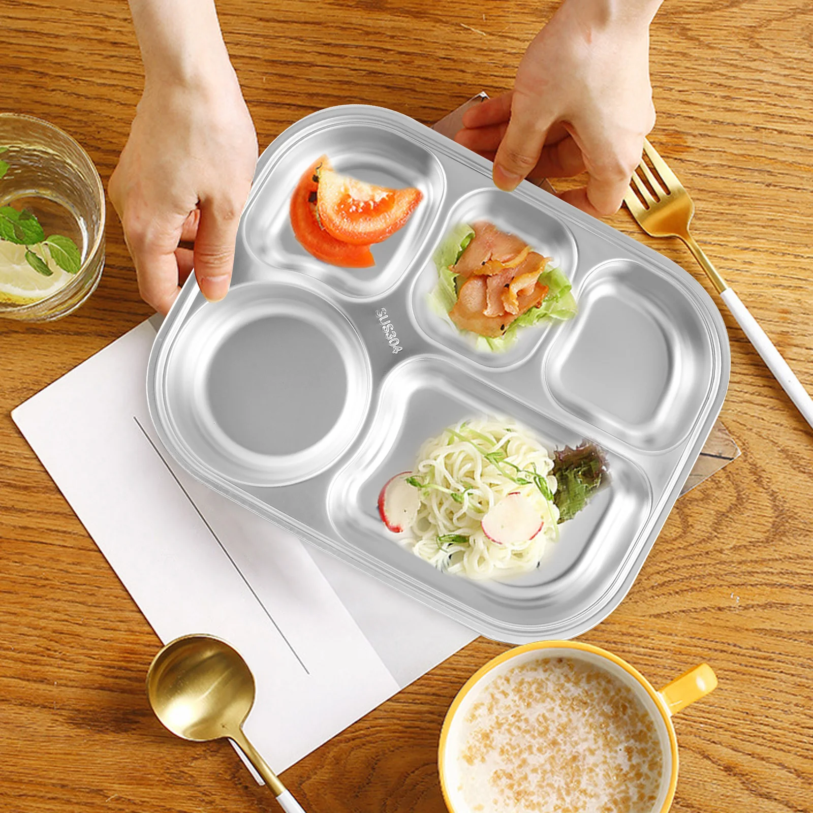 

Stainless Steel Divided Dinner Tray Lunch Container For Meal Prep Camping Picnic Kitchen Tableware Bento Box Food Plate
