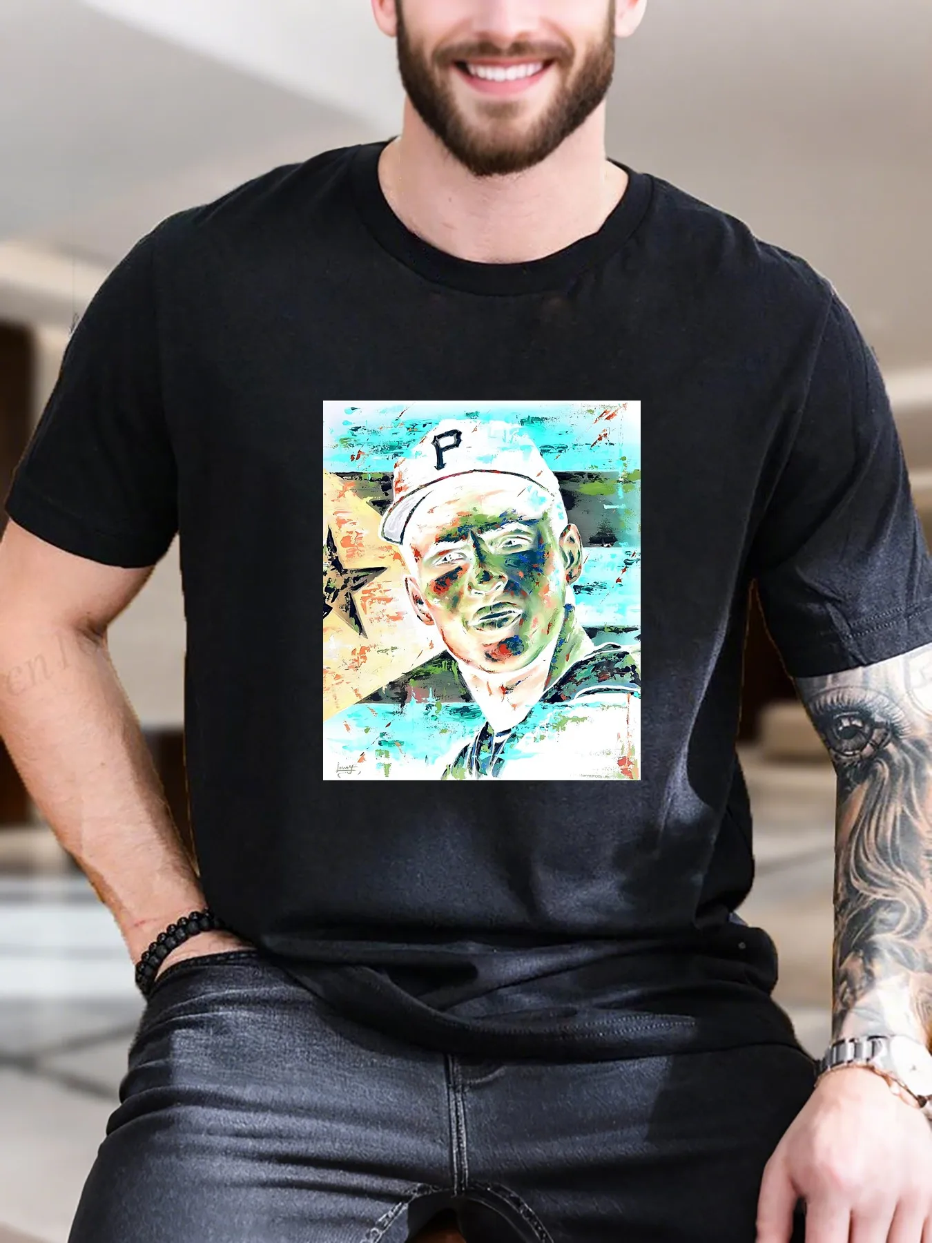 

Men's Printed Short Sleeve T-Shirt - 100% Cotton, Ultra-Soft & Breathable, Baseball Player with Flag Design, Casual & Sporty Daily Wear