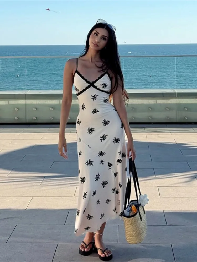 

Dresses For Woman Sexy V-neck Lace Patchwork Vestidos Printed Evening Dress Beachwear Spaghetti Strap Elegant Trendy Temperament