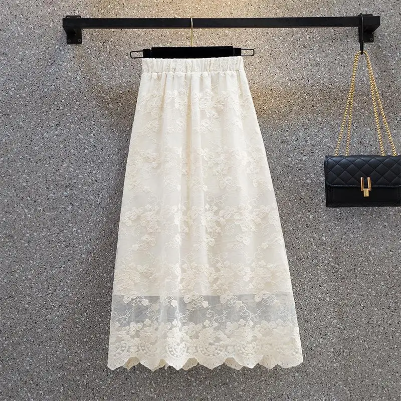 Women Vintage Lace Suit Hollow Out Top And Embroidery Midi Long Skirt Two Piece Set Matching Outfit Female Lady Clothing Summer