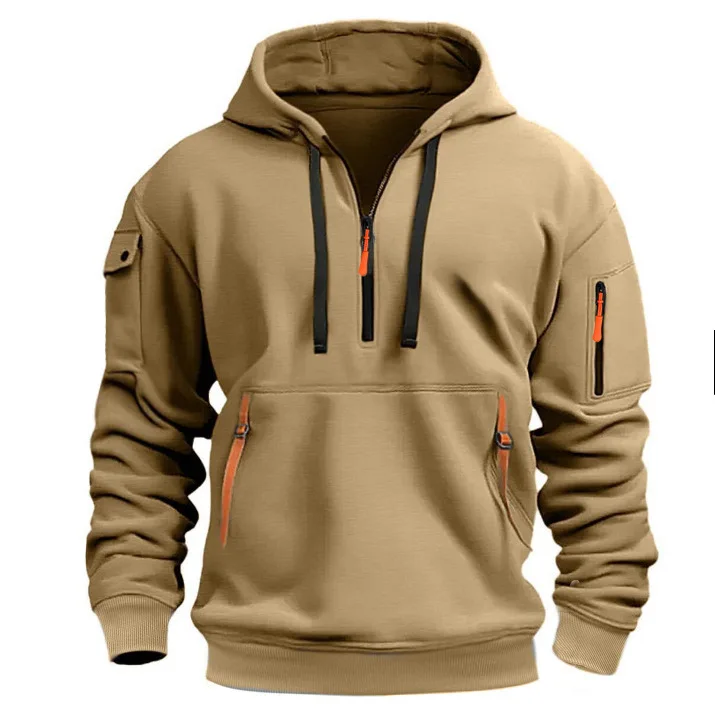 Men's Spring-Autumn Hooded Zipper Sweatshirt with Multi-Pocket Pullover