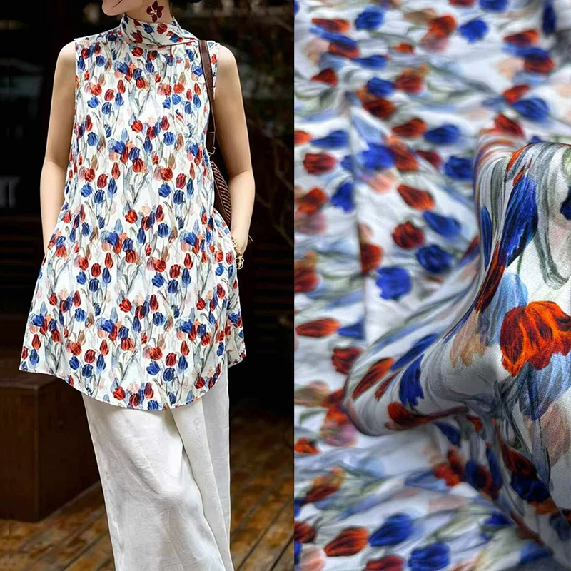 blue-and-orange-tulips-printed-stretch-silk-fabric-for-diy-and-sewing-soft-comfortable-silk-fabric-for-dress-pants-pajamas-r6591