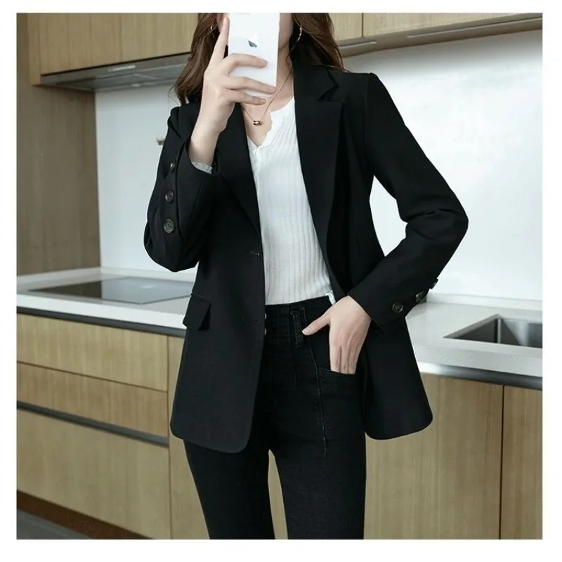 Autumn Winter Women\'s Clothing Solid Color Button Up Turn-down Collar Cardigan Coats for Formal Casual Suits Blazer Tops