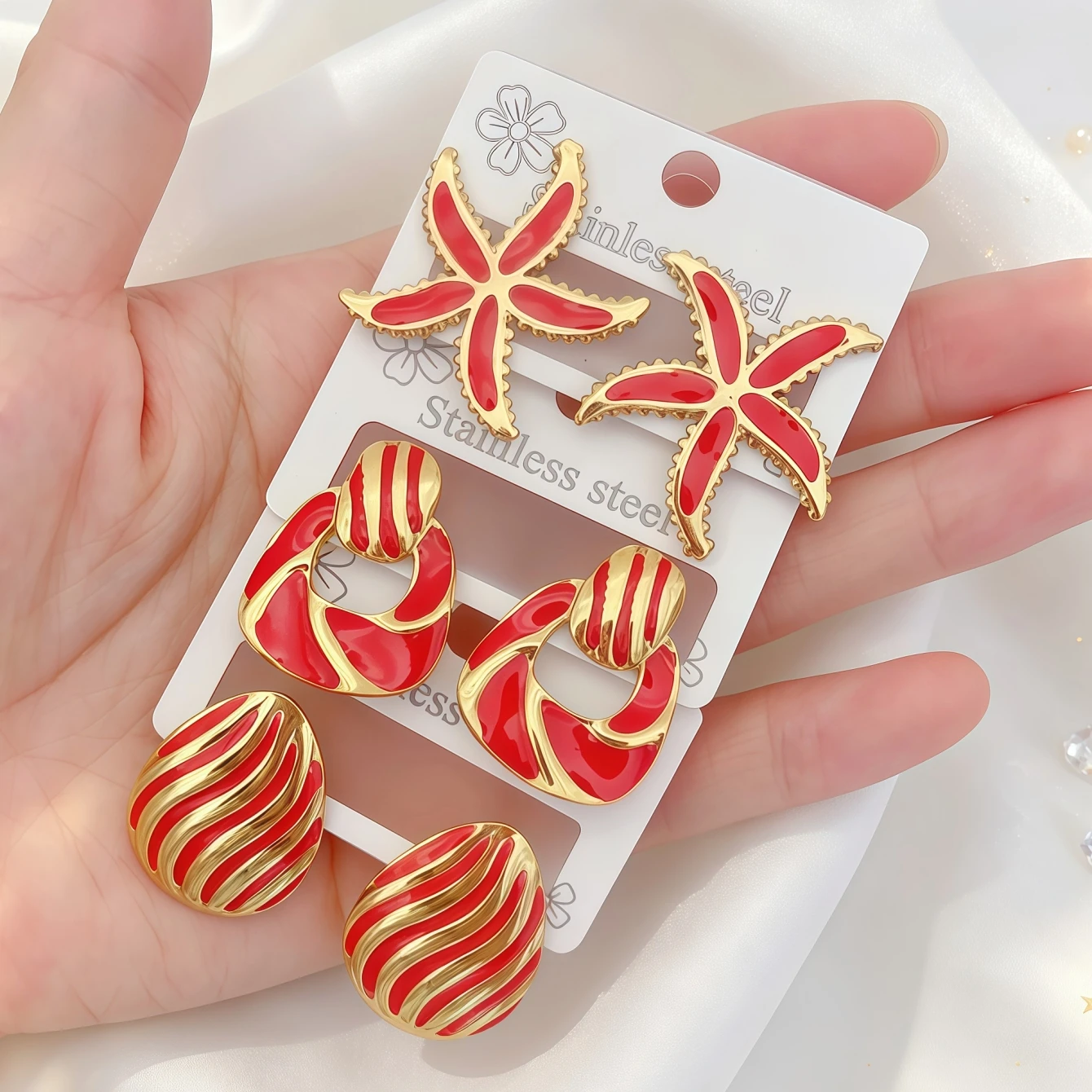 3Pairs Fashion Elegant Red Dripping Oil Stainless Steel Earrings Mix Style Trendy Geometry Shell Star Jewelry Party Gifts