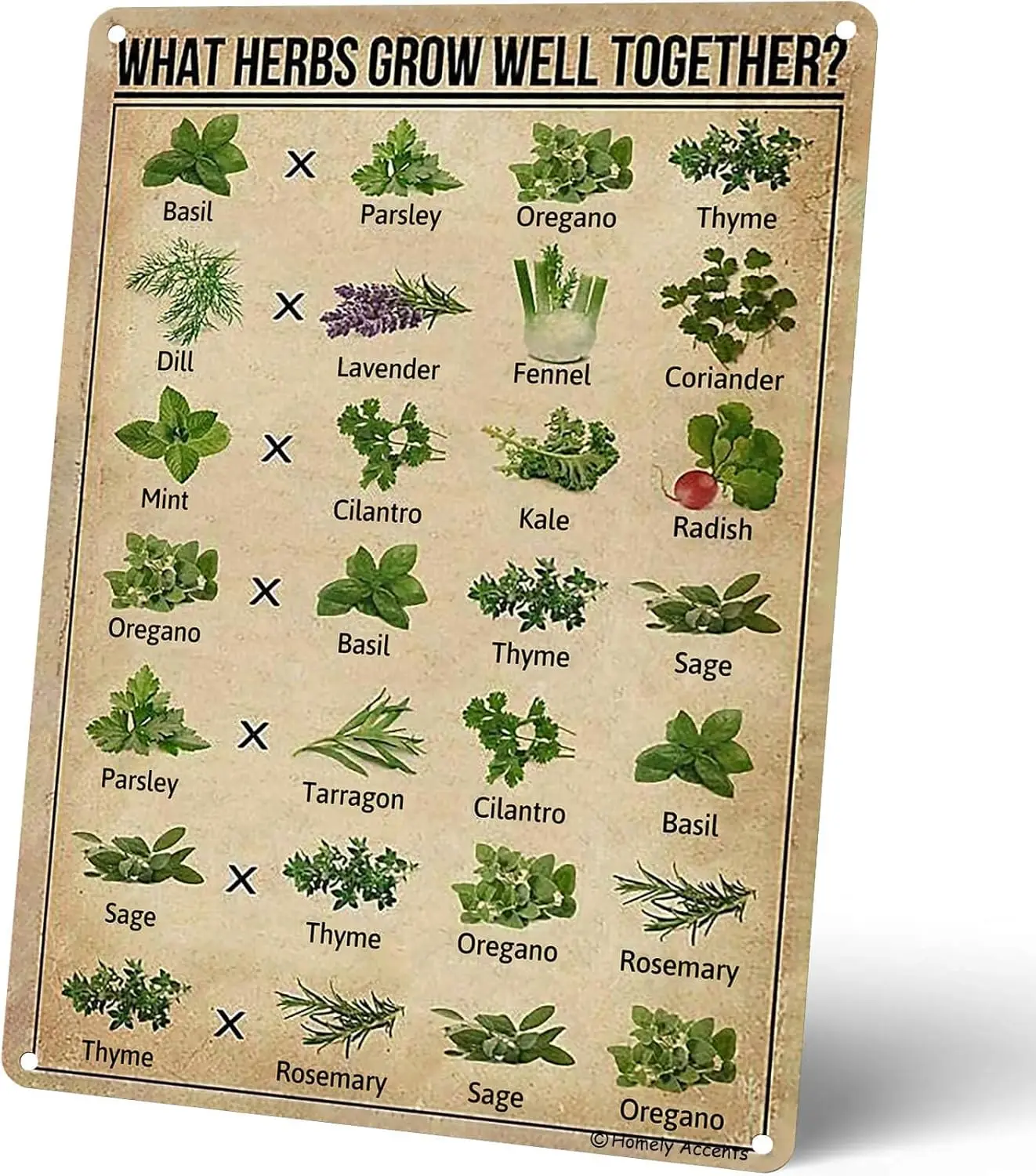 Vintage Gardener Farmer Guide Poster for Herbs Planting, What Herbs Grow Well, Wall Art Decor Metal Sign for Home Kitchen Farmho