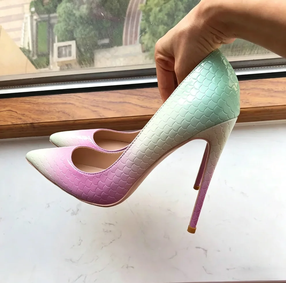 

Veowalk Gradient Mint Pink Women Crocodile Effect Pointy Toe Stilettos Sexy Elegant Low-Cut 12cm Slim High Heel for Events Daily
