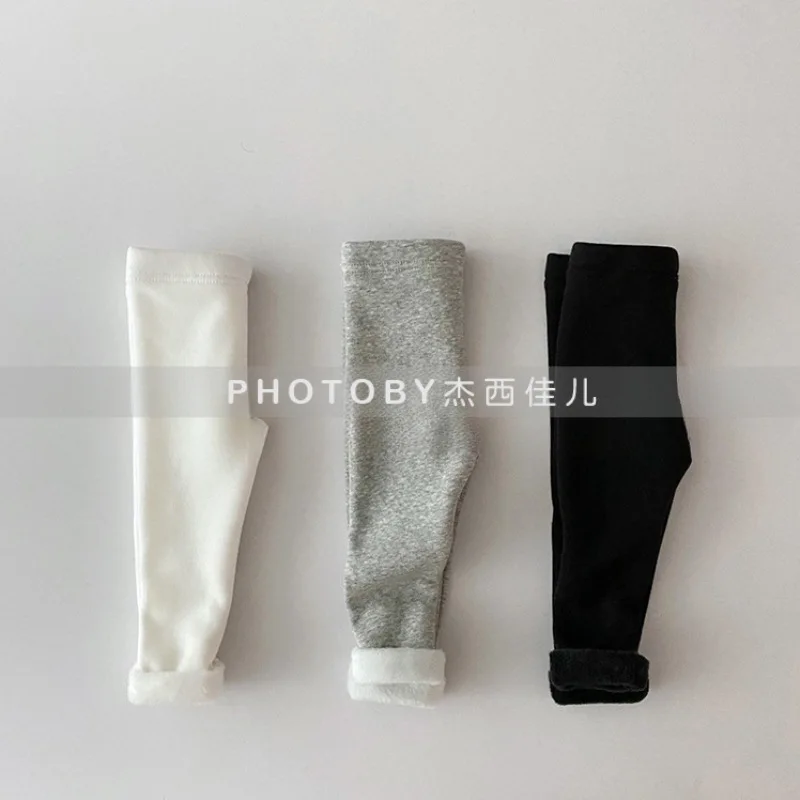 Fleece-lined Leggings Korean Solid Casual Winter Autumn New Boys Grils Children Fashionable All-matching Soft Comfortable