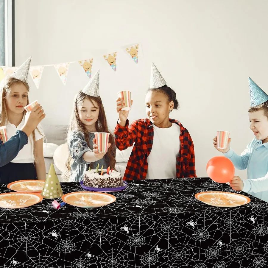 3Piece 54 x 108 Inch Spider Web Plastic Tablecloth Black Spiderweb with Spiders Designs Disposable Rectangle Table Cover for Di