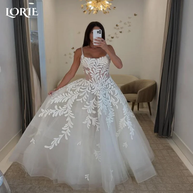 LORIE Spaghetti Straps 3D Flower Wedding Dresses Appliques Lace V Neck Beach Princess Bride Gown Customized vestidos de novia