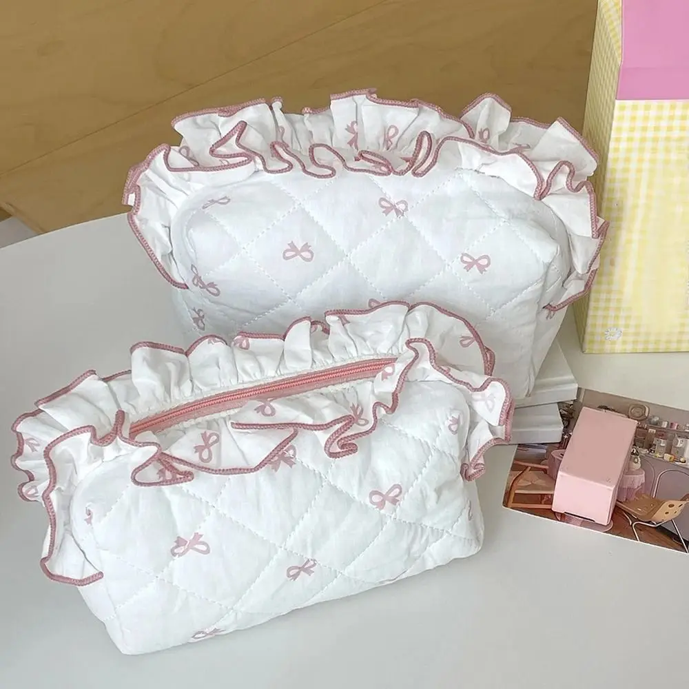 Piórnik z nadrukiem kokardek, duża pojemność, falbanka, styl INS, torba na artykuły piśmiennicze, torba na zamek błyskawiczny, rombowa kosmetyczka na szminki, dla dzieci.