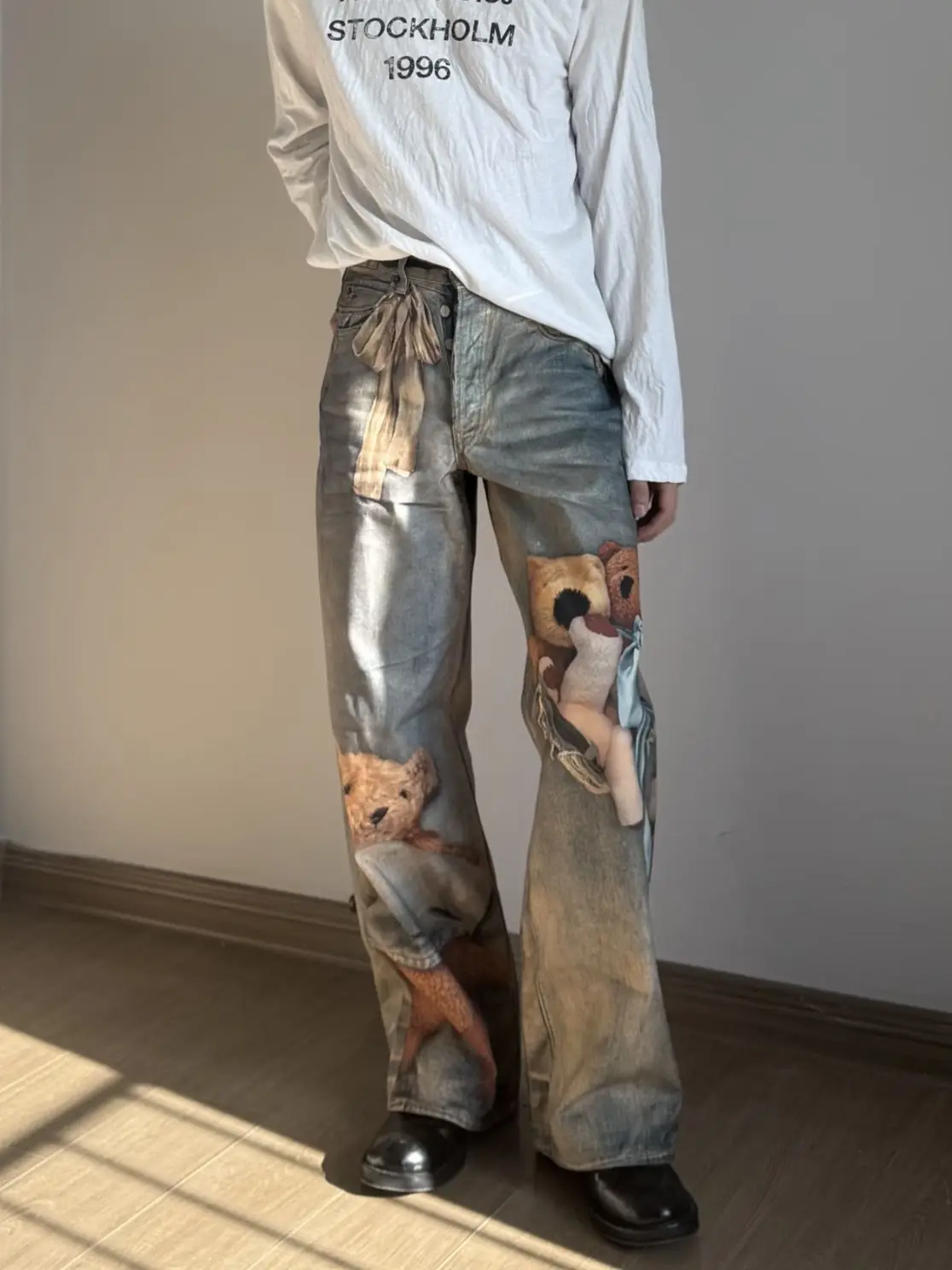 Men's Cute Bear Print Design Sweatpants Street Style Cool Boy Vibe Casual Pants Spring Bottom Male High Waist Y2k Trousers