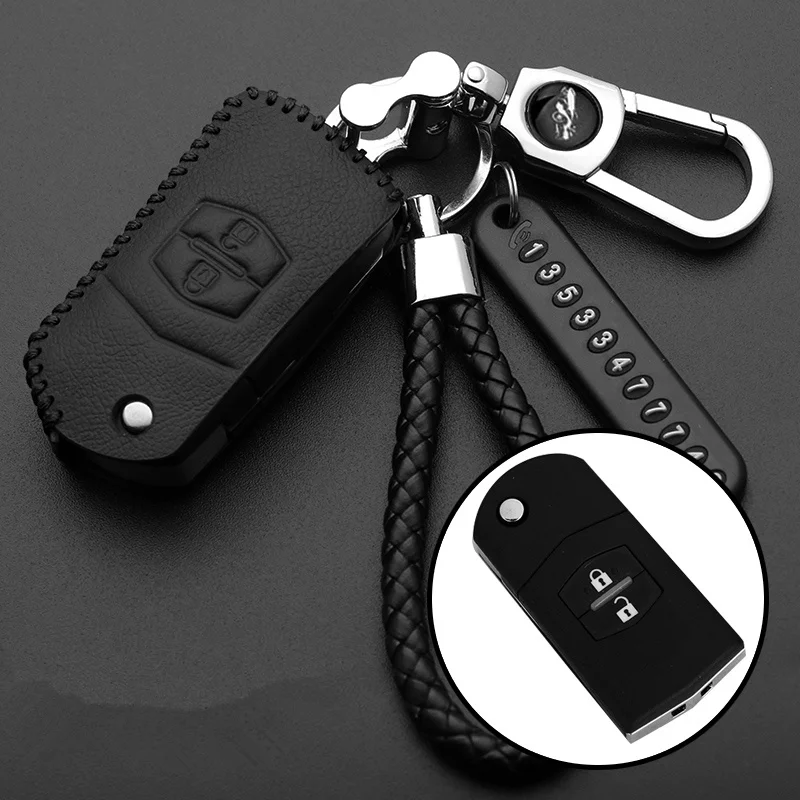 Leather Car Key Case Shell For Mazda 2 3 6 CX5 CX-7 CX-5 Folding Remote Fob Cover Keychain Holder Protector Bag Auto Accessories