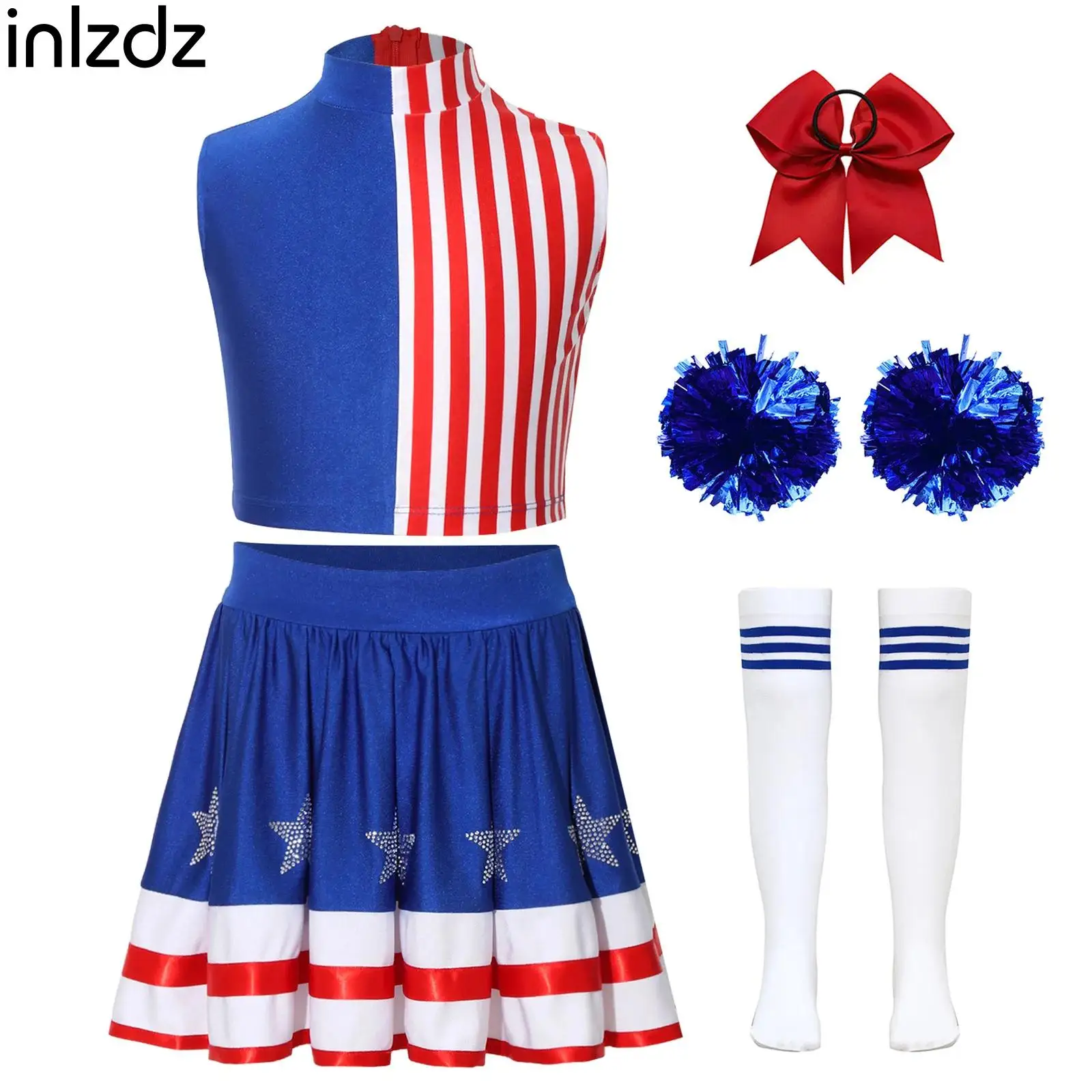 Girls Independence Day Costume Cheerleading Outfit Sleeveless Color Block Striped Crop Top+Stars Skirt+Pom Poms Socks+Headwear
