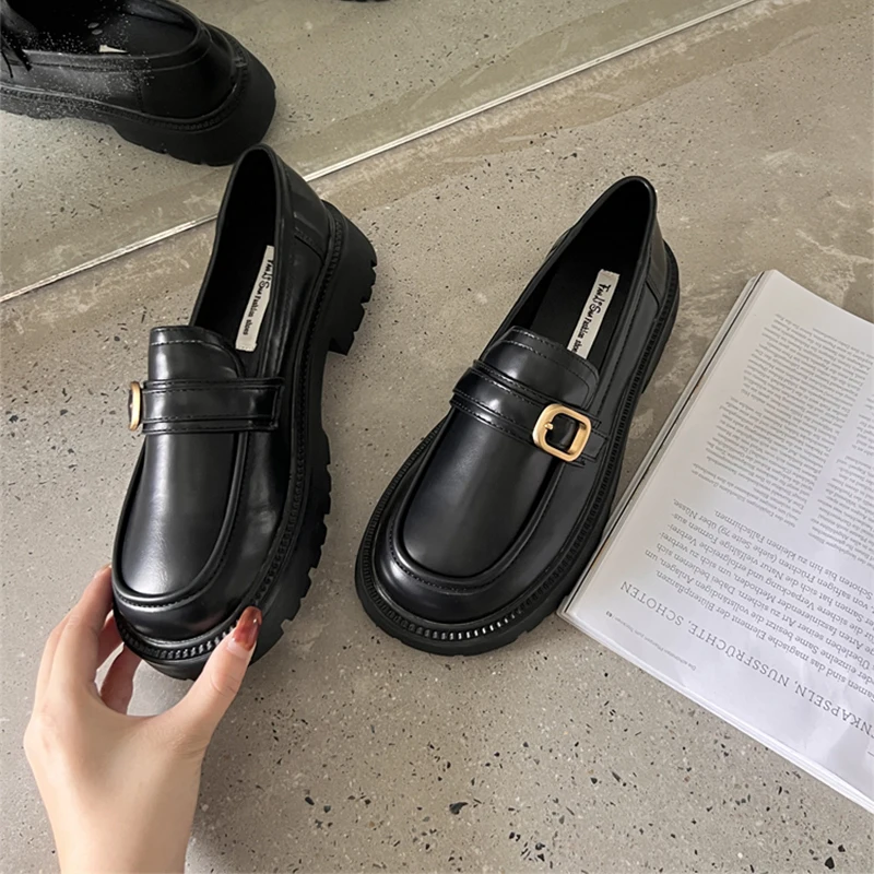 

Spring Shoes Females British Style Thick-soled College Style Casual Loafers Black Genuine Leather Fashion Shoes Girls WHSLE MTO