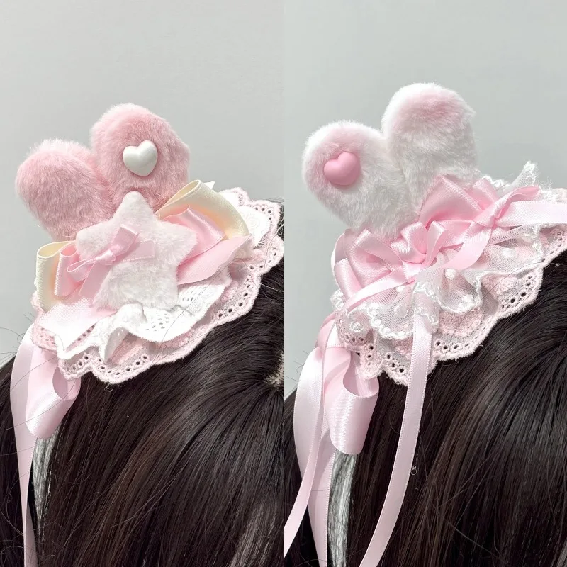 

Cute Pink Lolita Hairpin for Women Girls Delicacy Lace Edge Bowknot Rabbit Ear Decoration Hair Accessories