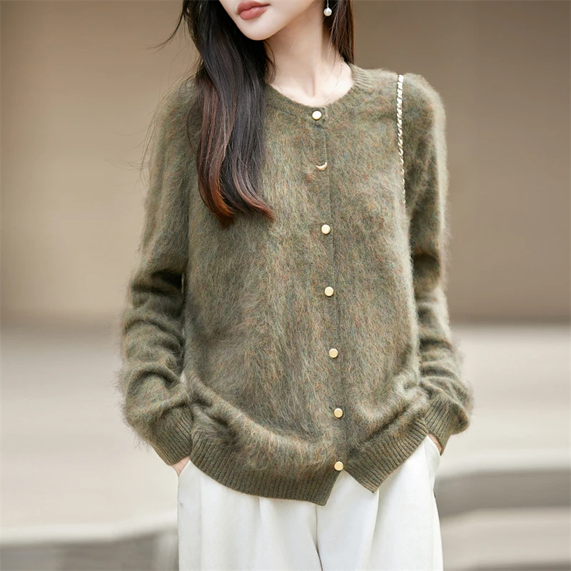 Ladies 100% Pure Cashmere Cardigan Knitted round Neck Pullover Solid Color Autumn Winter Warm Fashionable Women's Knitwear