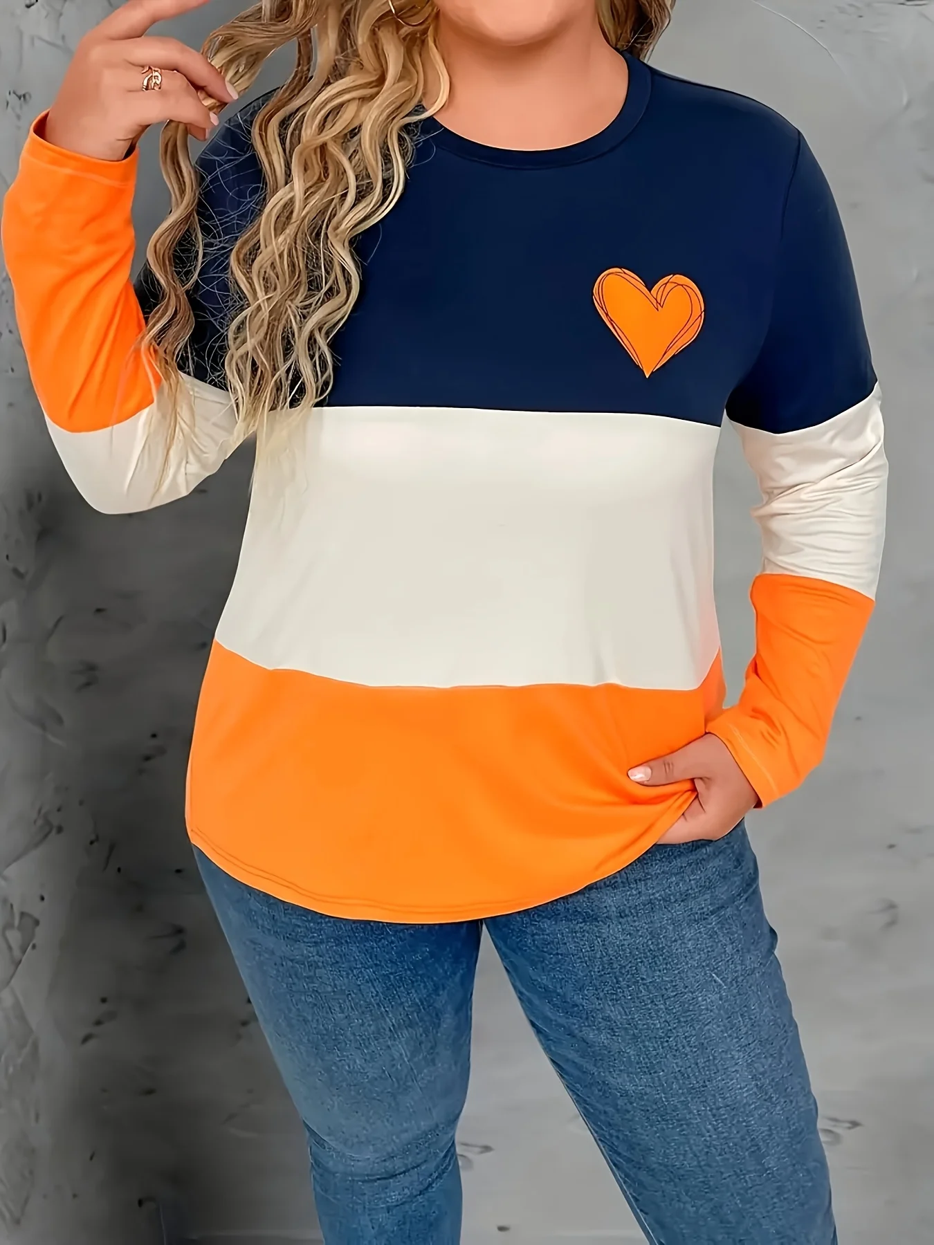 

Женский элегантный топ больших размеров с цветными блоками — круглый вырез, длинные рукава, эластичная смесь полиэстера, можно стирать в машине, одежда больших размеров