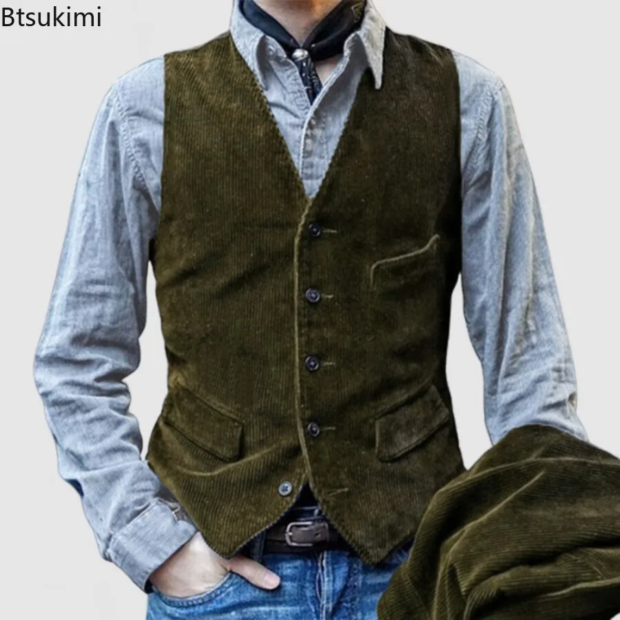 Men\'s Vintage Vests British Style Corduroy Vest Casual Coats Fashion Single-breasted Sleeveless Jacket for Man Formal Waistcoat