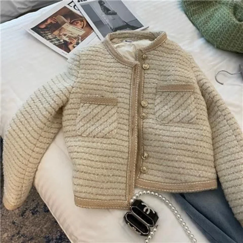 Liner Down Cotton Woolen Short Jacket Female Winter 2022 Thick Round Neck Green Women Coats