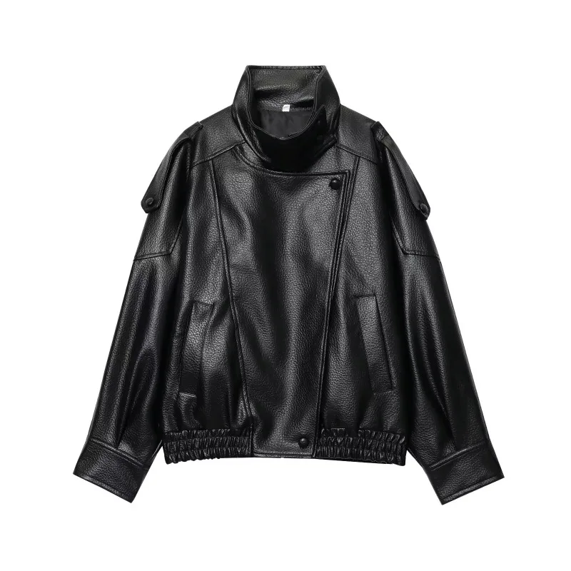 Luxury Soft Trend Stand Collar Faux Leather Jacket Women's Biker Jacket PU Leather Soft Coat Black Coffee Windproof Overcoat