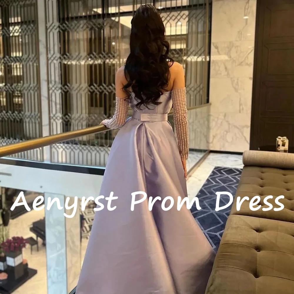 Aenyrst Purple Strapless Pleated customized Prom Dresses Satin Detachable Train Evening Gowns Ankle Length Formal Occasion Dress